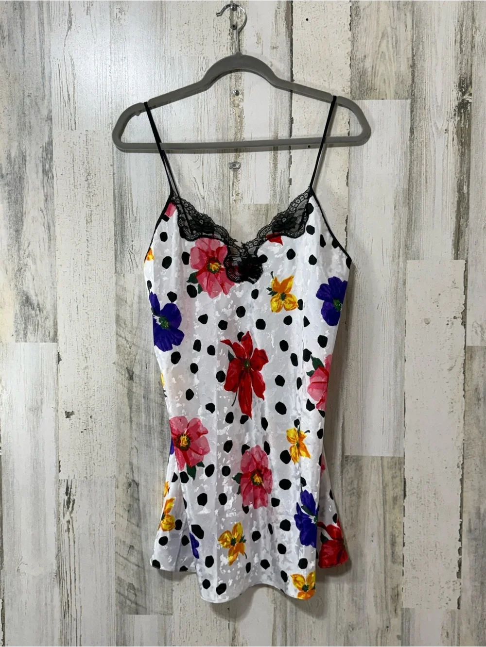 Floral Polka Dot Satin Chemise & Robe Set - White with Multicolor Flowers